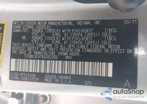 2011 Toyota Highlander Base V6 z USA, uszkodzony, nr VIN 5TDBK3EH7BS083266